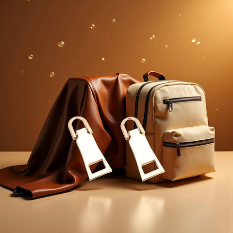 Two Pack Gold Zipper Pull Replacement Sliders for luggage with backpack, leather fabric backdrop