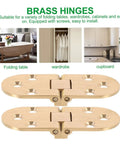 Top Tier Pack of Heavy Duty Brass Table Folding Hinges With 180 Degree Rotation For Sewing Machines Desks And Doors, showcased with a folding table, wardrobe, and cupboard background.