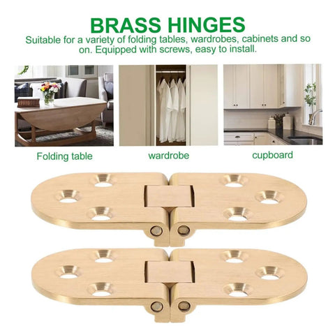 Top Tier Pack of Heavy Duty Brass Table Folding Hinges With 180 Degree Rotation For Sewing Machines Desks And Doors, showcased with a folding table, wardrobe, and cupboard background.