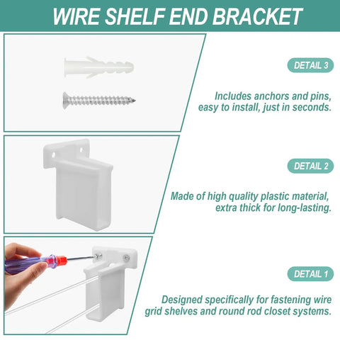 Four Pack Wire Shelf End Brackets For Heavy Duty Closet Shelves White Plastic Rod And Wall Shelf Supports With Screws U Shaped Design To Secure Wire Mesh Shelving And Round Rod Racks, white plastic with screws installed