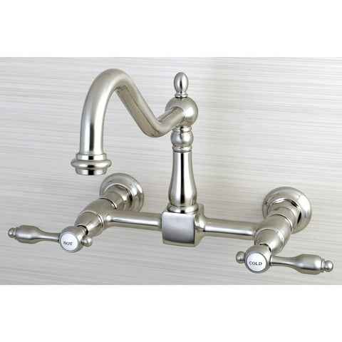 Tudor Style Wall Mount Bridge Kitchen Faucet in Polished Brass with 8.5 Inch Reach and 8.1 Inch High Arc, 1.8 GPM Flow