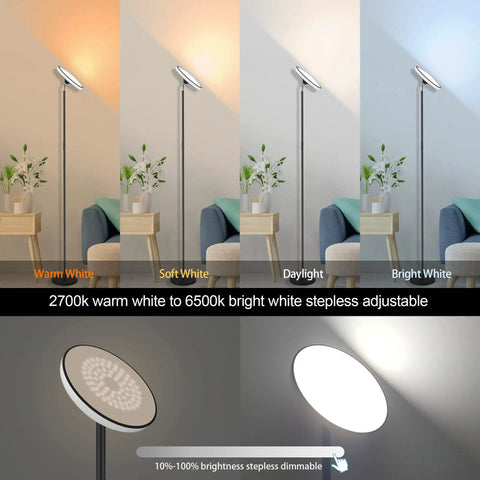 UFO Floor Lamp 71 Inch Tall With Remote 42W 3700LM RGB LED Torchiere showing color modes from warm to bright white