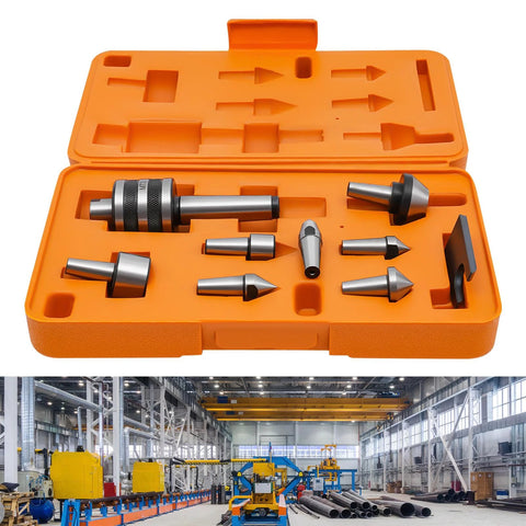 MT3 Morse Taper Live Center Set for high-speed lathes CNC, with 40CR steel, in orange case with industrial setting background.