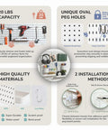Boss Level Peg Board Wall Organizer With Expanding Plastic Panels For Home Office Storage Craft Room Vibes And Gaming Setup White 22x22 Inches features 20 lb capacity and unique oval peg holes.