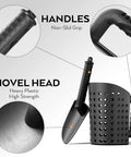 Heavy Duty Black Sand Scoop And Shovel For Metal Detecting Gear Kids And Adults Beach Treasure Hunting Sifter Digging Tool With Mesh Bag Weather Resistant And Rustproof, showing shovel head and non-slip handle details