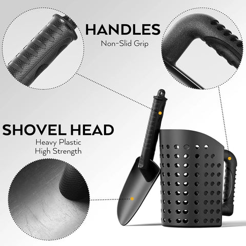 Heavy Duty Black Sand Scoop And Shovel For Metal Detecting Gear Kids And Adults Beach Treasure Hunting Sifter Digging Tool With Mesh Bag Weather Resistant And Rustproof, showing shovel head and non-slip handle details