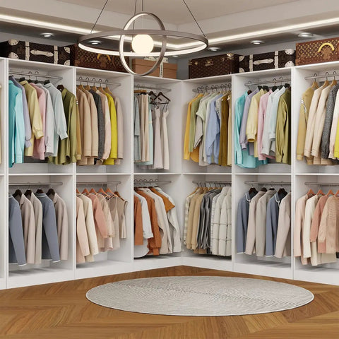 No Sweat Hella Spacious 8FT Modular Closet System Freestanding Walk-In Organizer With 12 Hanging Rods White Adjustable Storage Shelves in use.