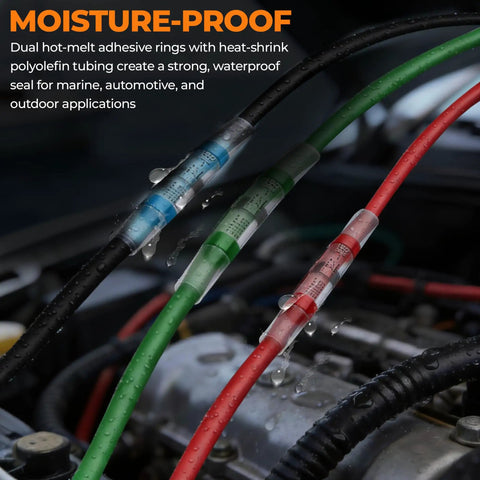 520 Piece Solder Seal Wire Connectors Kit with waterproof heat shrink butt terminals in use on automotive wires.
