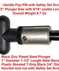 Pack Of Four Heavy Duty Spring Loaded Pull Pins With Weld On Steel Barrel One Inch Diameter And One And Half Inch Length One Half Inch Diameter Steel Plunger Black Plastic T Handle Two And Quarter Inch Wide Knurled Lock Nut With Safety Set Screw For, showing T-handle design with safety set screw.