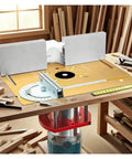 Universal Aluminum Router Table Insert Flip Plate with pre drilled base on a workbench, showcasing miter gauge and smooth operation.