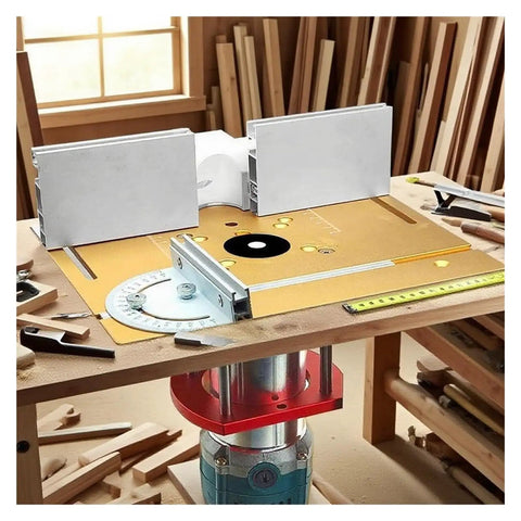 Universal Aluminum Router Table Insert Flip Plate with pre drilled base on a workbench, showcasing miter gauge and smooth operation.