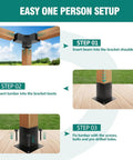 Easy installation steps for Four Pack 3-Way Right Angle Pergola Brackets With Post Base For 4x4 Beams, showing bracket and post setup.