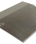 Heavy Duty Aluminum Dock Plate 60 By 54 Half Inches For Warehouse Loading Ramp And Truck Bed Transfer Bridge With No Sweat Setup and Beefy Non Slip Grating Supporting Over Four Thousand One Hundred Pounds Smooth Ride image showing a metallic surface with a textured finish