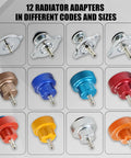 12 radiator adapters in various colors and sizes for Streetwise 14 Piece Coolant Pressure Tester Kit with Manual Pump.