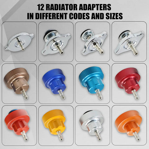 12 radiator adapters in various colors and sizes for Streetwise 14 Piece Coolant Pressure Tester Kit with Manual Pump.