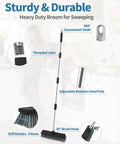 Heavy Duty Push Broom With Adjustable Stainless Handle And Tough Bristles Built For Sweeping Decks Garages And Driveways, 45° brush head and adjustable pole.