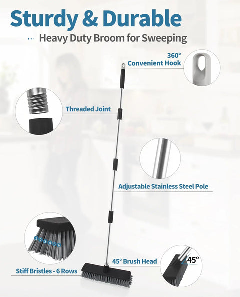 Heavy Duty Push Broom With Adjustable Stainless Handle And Tough Bristles Built For Sweeping Decks Garages And Driveways, 45° brush head and adjustable pole.