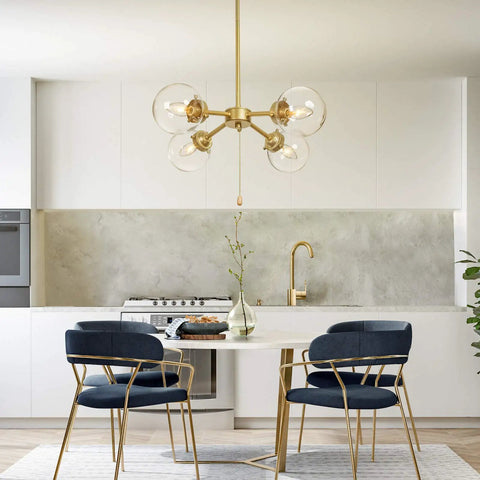 Gold Globe Chandelier With On Off Switch Pull Chain, 4 Light Modern Gold Semi Flush Mount Ceiling Light in kitchen setting