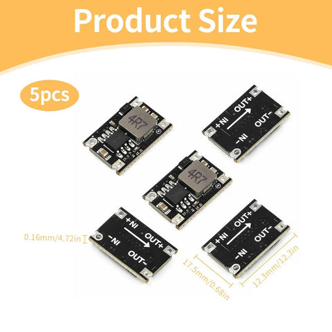 5 Pack DC To DC Buck Converter Module With 6V To 30V Input And 5V Output Mini Step Down Regulator Board displayed in size