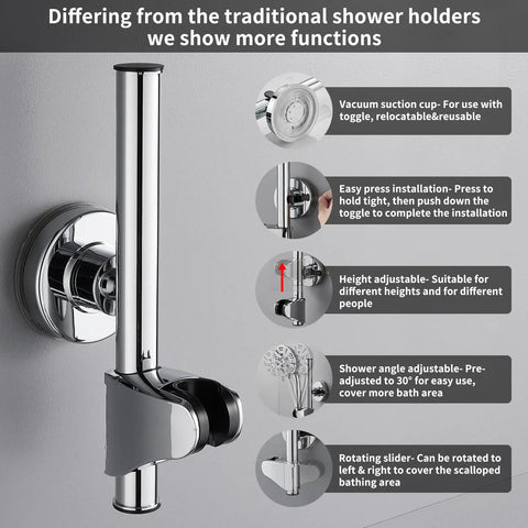 Wall Mounted Shower Head Holder With Adjustable Bracket And Strong Suction Cup Relocatable Shower Wand Mount For Bathroom Fits Universal Showerheads Easy Install Chrome Finish with features explained