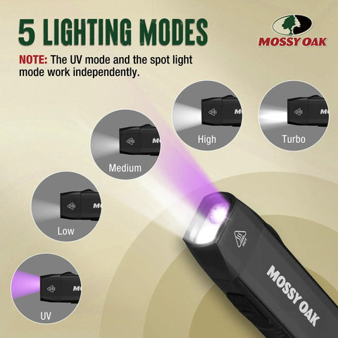 Rechargeable EDC Flat Flashlight 1200 Lumens With Magnetic Base UV And White Light Combo showing 5 lighting modes