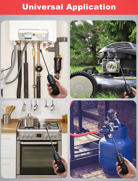 Four scenes showing Portable Gas Leak Detector And Sniffer For Methane, Natural Gas, Propane detecting leaks in various settings.
