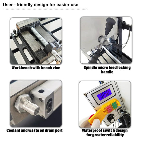 Tough As Nails 1300W Brushless Benchtop Milling Machine With R8 Spindle showing user-friendly features for precision milling.