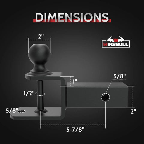 Dimensions diagram of Three In One ATV UTV Trailer Hitch With Two Inch Ball Clevis Pin Hole And Built In Loop For Quick Hookups Beefed Up Towing Mount For Lawn Gear Trailers Winch Straps And More.