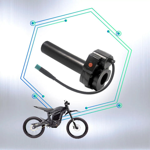 Throttle Grip For Talaria Sting MX3 MX4 MX5 Electric Dirt Bike 5Pin Twist Throttle Handle Black with bike illustration on gradient background