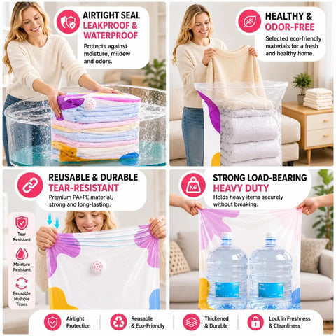 Four images of Two Large and Two Jumbo No-Pump Compression Bags for Clothes and Blankets, Vacuum-Free Storage Solution being used.