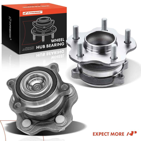2 Pack Rear Wheel Bearing And Hub Assembly For Nissan And Infiniti FWD Models Compatible With Altima Pathfinder Maxima Murano QX60 JX35 Five Lug Design For A Secure Fit And Smooth Quieter Ride Drop In, showing front and side views with box packaging