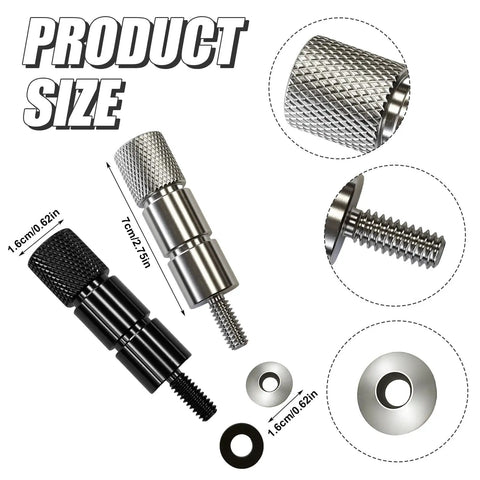 Heavy Duty Stainless Steel Extended Seat Bolts For Harley Davidson Touring Models 1/4-20 UNC Thread in black and silver with rubber washers.