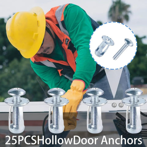25 Pcs M6x25 Hollow Door Anchors Fixing Jack Nuts Cavity Inserts Petal Nuts being installed by a worker in safety gear.
