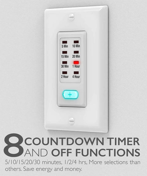 Programmable In Wall Countdown Light Timer Switch For Bathrooms And Heaters With 9 Preset Settings Including 5 10 15 20 30 Minute And 1 2 4 Hour Timers Easy Install 1875W Neutral Wire Required ETL Listed 2 Pack, white wall plate