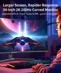 Gamer using 34 Inch Ultrawide Curved Gaming Monitor 3440x1440 UWQHD With Up To 200Hz Refresh Rate, 1ms OD, HDR in dark room