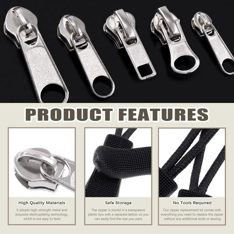 250 Piece Zipper Replacement Kit With Sliders Pulls And Stops For Luggage Coats Jeans Jackets And Tents includes silver sliders