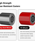 High-Strength Wear-Resistant Casters showing alloy steel and PU wheels for Heavy Duty Machinery Mover With Grippy Handle And Ball Bearing Wheels For Smooth Sailing Factory Moves Straight Up No Sweat Heavy Equipment Glide With Full 180 Degree Pivot For Cramped Warehouse Spaces.