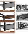 Image showcasing features of a Five Tier Metal Shoe Rack With Wooden Top And Adjustable Mesh Shelves for entryway or closet use.