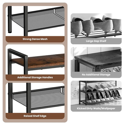 Image showcasing features of a Five Tier Metal Shoe Rack With Wooden Top And Adjustable Mesh Shelves for entryway or closet use.