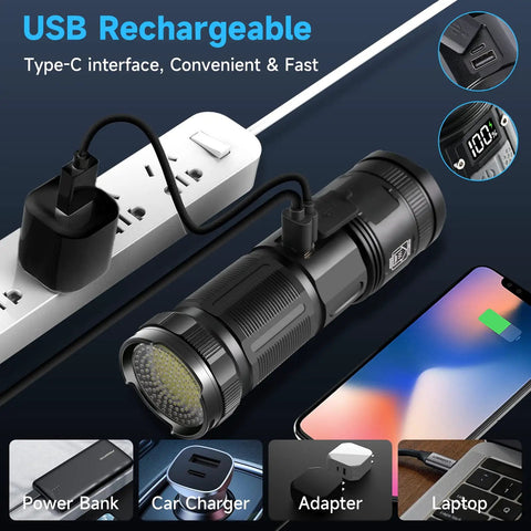 Beast Mode 3000 Lumen Tactical Flashlight With Dual Front And Back Beams COB Work Light High Power Handheld Light For Emergencies Camping And Hiking Ultra Bright LED Flashlight For Outdoors