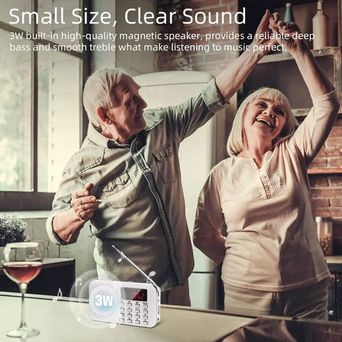 Elderly couple dancing in the kitchen with Tiny But Mighty Ultra Compact AM FM Pocket Radio visible on the countertop.