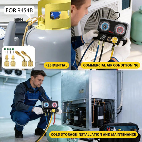 Grind Ready A2L R454B Refrigerant Adapter And Mini Split Brass Coupler Paired With Auto AC Manifold Gauge Connector in use for HVAC.