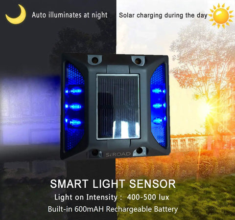 Solar Powered Driveway Deck Lights No Wiring Needed Outdoor LED Pathway Markers IP68 Waterproof Blue 6 Pack For Walkways Porches Patios Gardens Yards And Dock Areas All Weather Ready with smart light sensor and rechargeable battery