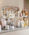 Smooth Spinning Two Tier Lazy Susan Turntable Organizer For Kitchen Pantry Fridge And Bathroom Vanity Spice Rack Storage Total No Fuss Slick Compact 9.25 Inch Dual Pack System with beauty products.