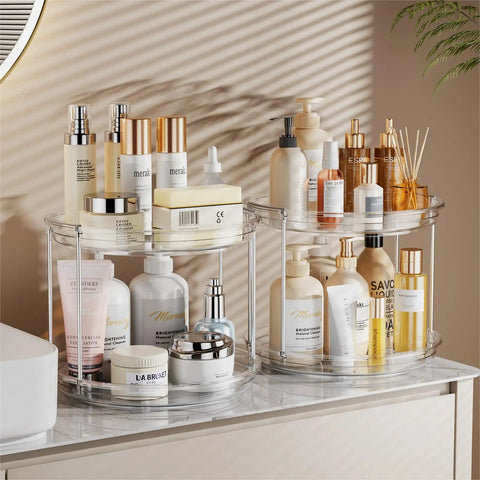 Smooth Spinning Two Tier Lazy Susan Turntable Organizer For Kitchen Pantry Fridge And Bathroom Vanity Spice Rack Storage Total No Fuss Slick Compact 9.25 Inch Dual Pack System with beauty products.