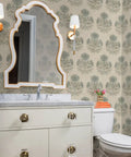 Blue Floral Vinyl Wallpaper With Subtle Leather Texture Finish Paste Required Commercial Grade Wallcovering For Hotels Offices Restaurants Custom Printed Just For You Professional Installation Recommended Solid Performance Room Decor in a bathroom setting with a mirror and basin.