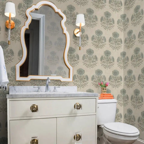 Blue Floral Vinyl Wallpaper With Subtle Leather Texture Finish Paste Required Commercial Grade Wallcovering For Hotels Offices Restaurants Custom Printed Just For You Professional Installation Recommended Solid Performance Room Decor in a bathroom setting with a mirror and basin.