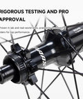 Close-up of Ultralight 50mm Carbon Fiber Wheelset hub and spokes, showcasing durability for 700C road bikes with disc brakes.