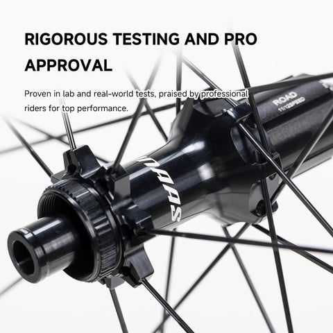 Close-up of Ultralight 50mm Carbon Fiber Wheelset hub and spokes, showcasing durability for 700C road bikes with disc brakes.