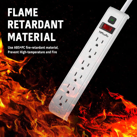 Six Outlet Surge Protector Power Strip With Four Foot Extension Cord, 600 Joules Surge Protection, flame background